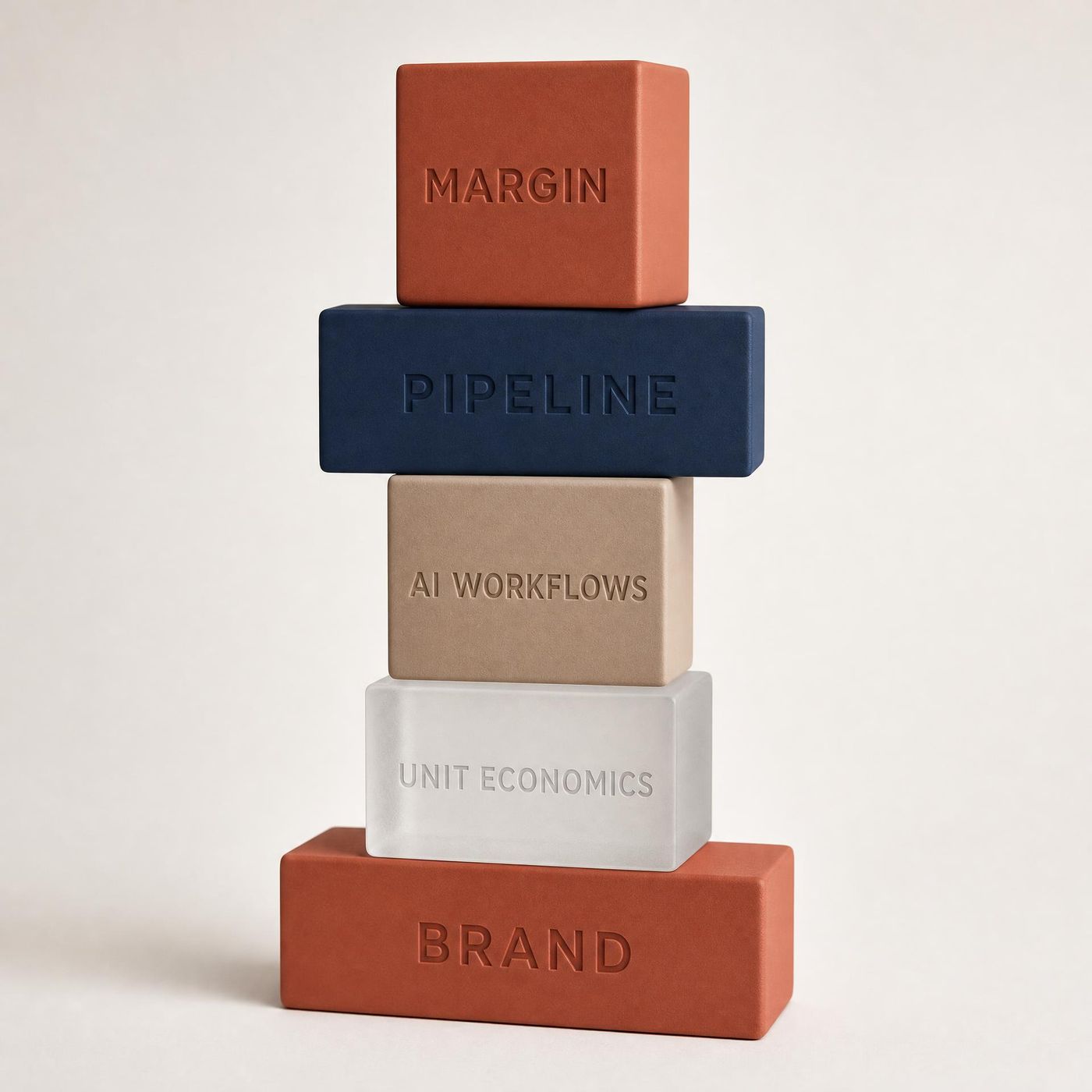 Stack of terracotta, ink blue, clay and frosted glass building blocks engraved with Margin, Pipeline, AI Workflows, Unit Economics and Brand, representing an integrated commercial engine