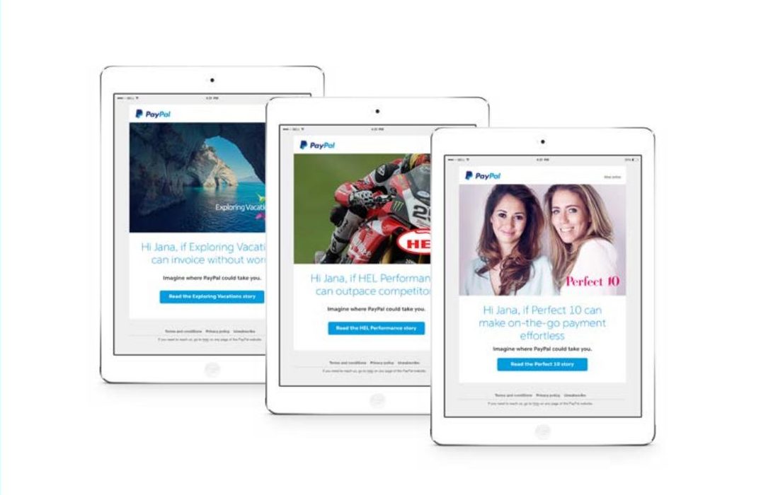 Three tablets showing IMAGINE emails with founder photos and personalised headlines.